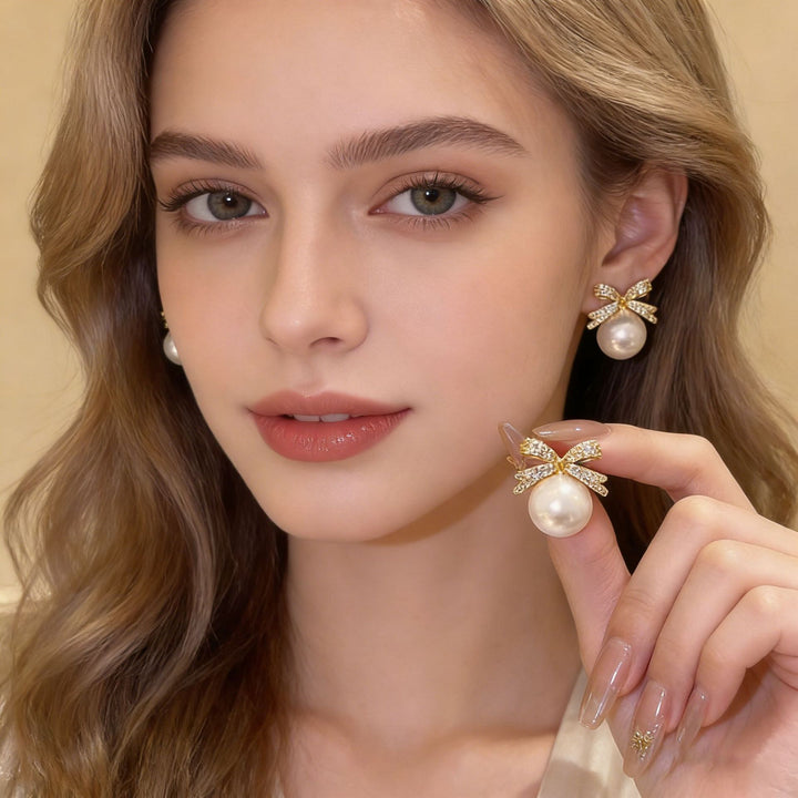 Pavé Diamond Bow Pearl S925 Silver Stud Earrings, Elegant Pearl Drop Jewelry