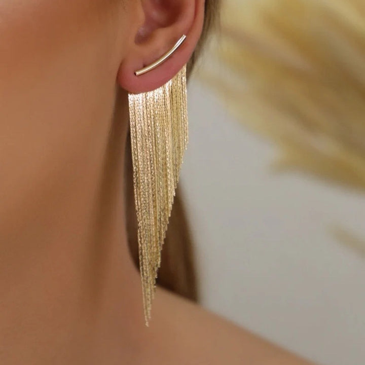 Luxury Gradient Long Metal Tassel Earrings, Horizontal Bar Shiny Chain Dangle Stud Earrings, Gold & Silver Evening Statement Jewelry