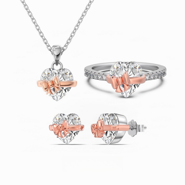 Heart Diamond Bow Jewelry Set (Earrings, Necklace, Ring Delicate Luxury Accessories)