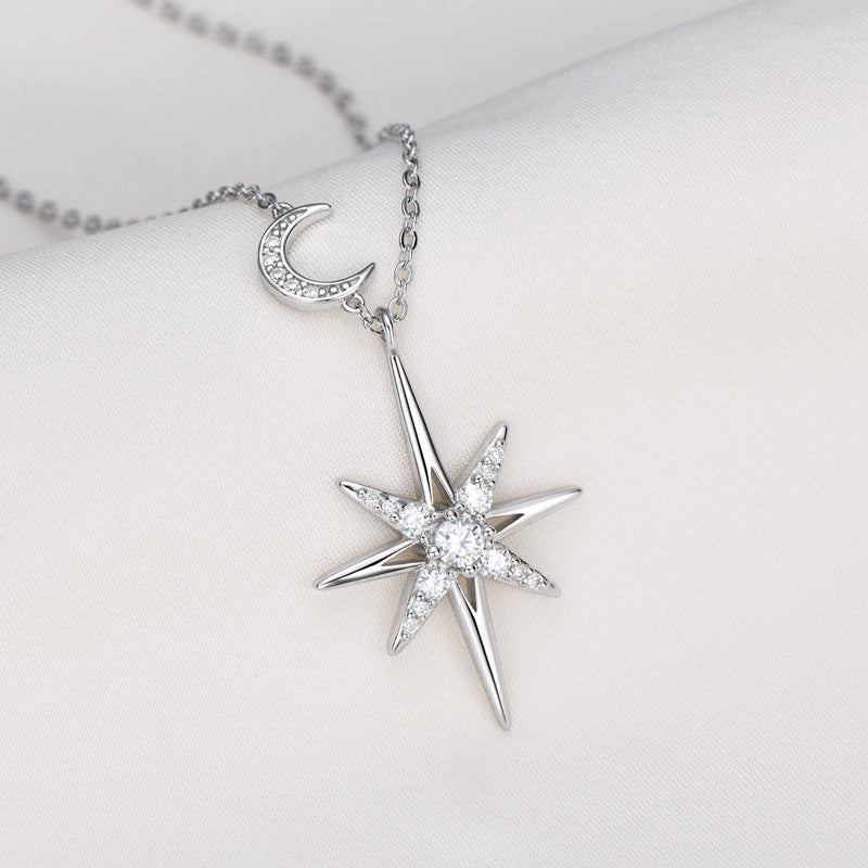 8-Point Star & Crescent Moon Dual Pendant Necklace, Gold Silver Two-Tone Luxury Women Choker