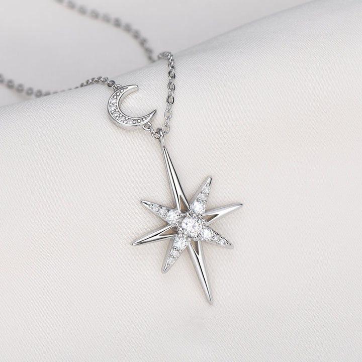 8-Point Star & Crescent Moon Dual Pendant Necklace, Gold Silver Two-Tone Luxury Women Choker