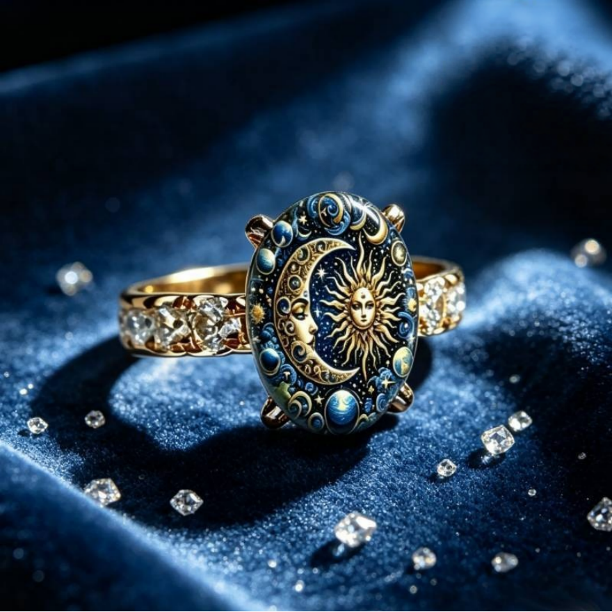 Sun Moon Star Oil Painting Style S925 Silver Ring, Vintage Cosmic Sun & Moon Cameo Gemstone Ring, Gold Plated Wide Band Inlaid with Diamonds