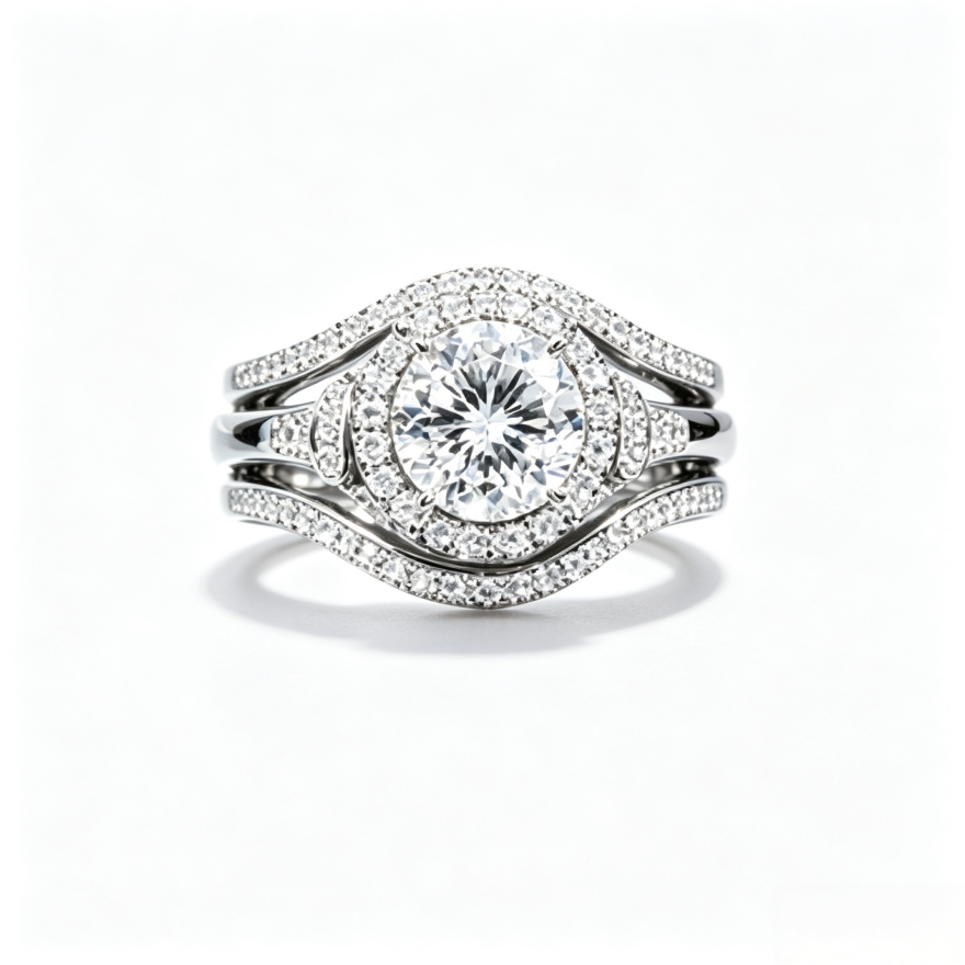 Three‑Tone Round‑Center Halo Wave 3‑Piece Ring Set