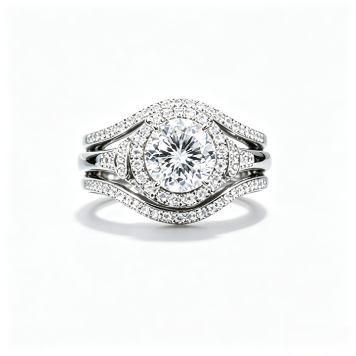 Three‑Tone Round‑Center Halo Wave 3‑Piece Ring Set