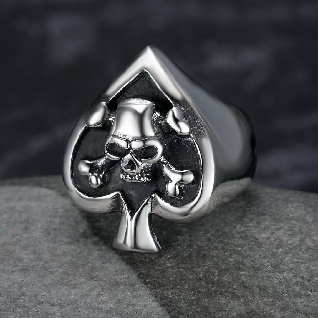 Spade Skull S925 Silver Ring, Vintage Skull & Crossbones Punk Biker Ring