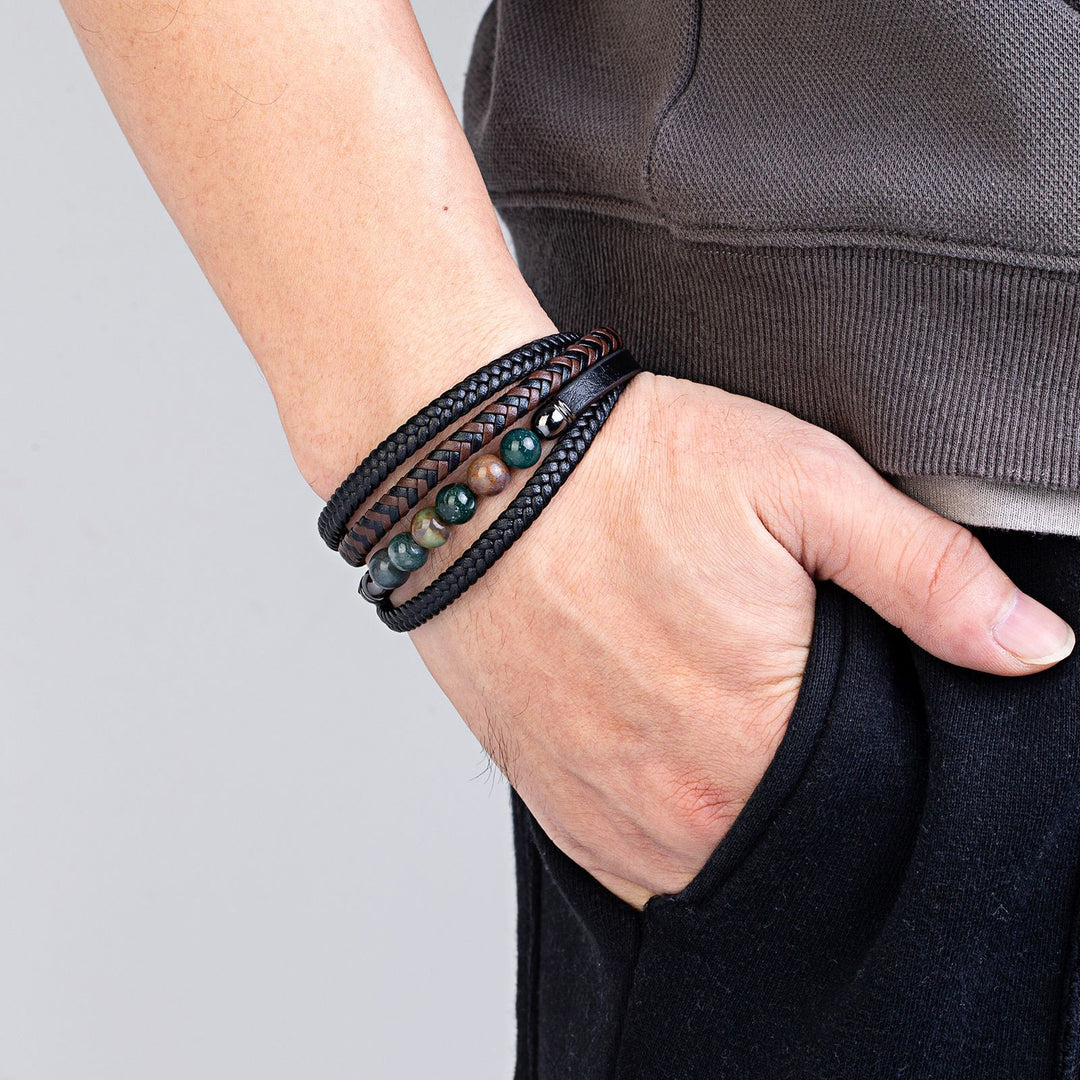 Natural Stone Beaded Braided Leather Men's Bracelet (Multi-Color Magnetic Clasp Wristband)