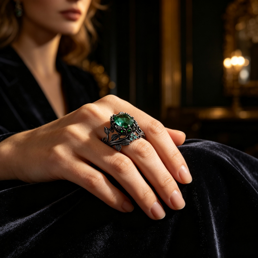 Vintage Forest Vine Emerald Ring, Openwork Leaf Carved Green Gem Band Gold Silver Black Gothic Botanical Statement Jewelry