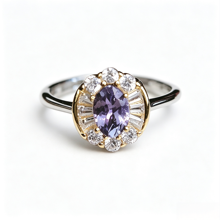 Oval Purple‑Diamond Halo Two‑Tone Vintage Ring