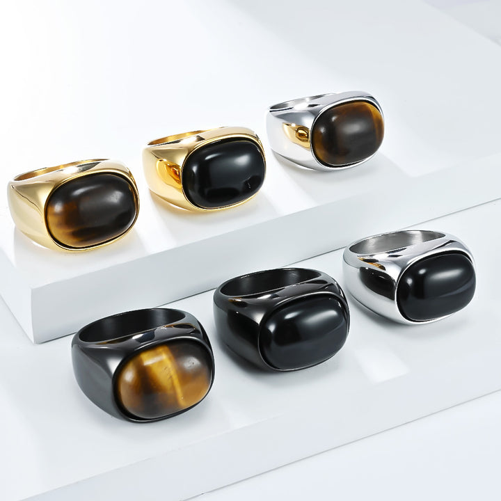 Minimalist Oval Cabochon Gem Solid Signet Ring, S925 Silver Gold/Black/Silver 3 Colors Tiger Eye & Onyx Unisex Wide Band