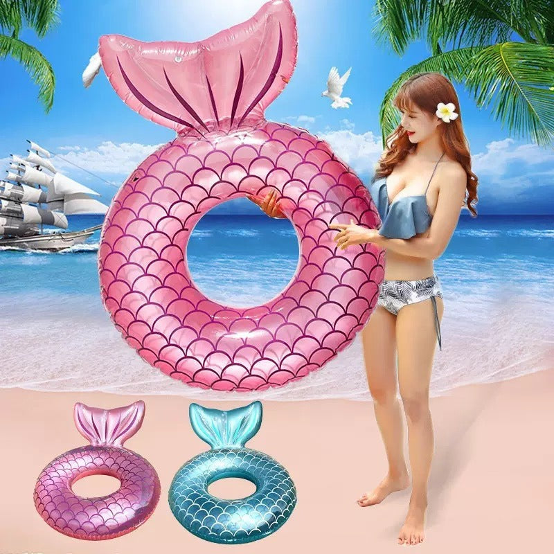 Mermaid Tail Inflatable Swim Ring, Gradient Glitter Fish Scale Print Adult Water Float for Pool Beach Photography