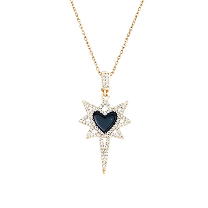 Black Gold Enamel Octagram Pave Diamond Collarbone Necklace, 2 Styles Sweet Cool Heart Star Y2K Niche Minimal Jewelry