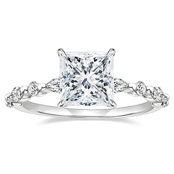 Princess Cut Four-Prong Diamond Ring, Marquise Accent Stone Slim Shank Luxury Engagement Ring for Women