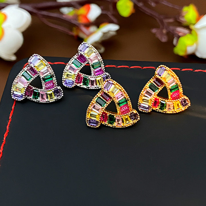 Colorful Diamond Triangle Hollow Stud Earrings, Gold & Silver Tone Rainbow Crystal Jewelry