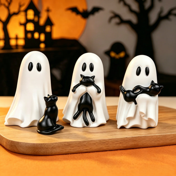 Ghost With Interchangeable Black Cat Figurine, Halloween Home Decor