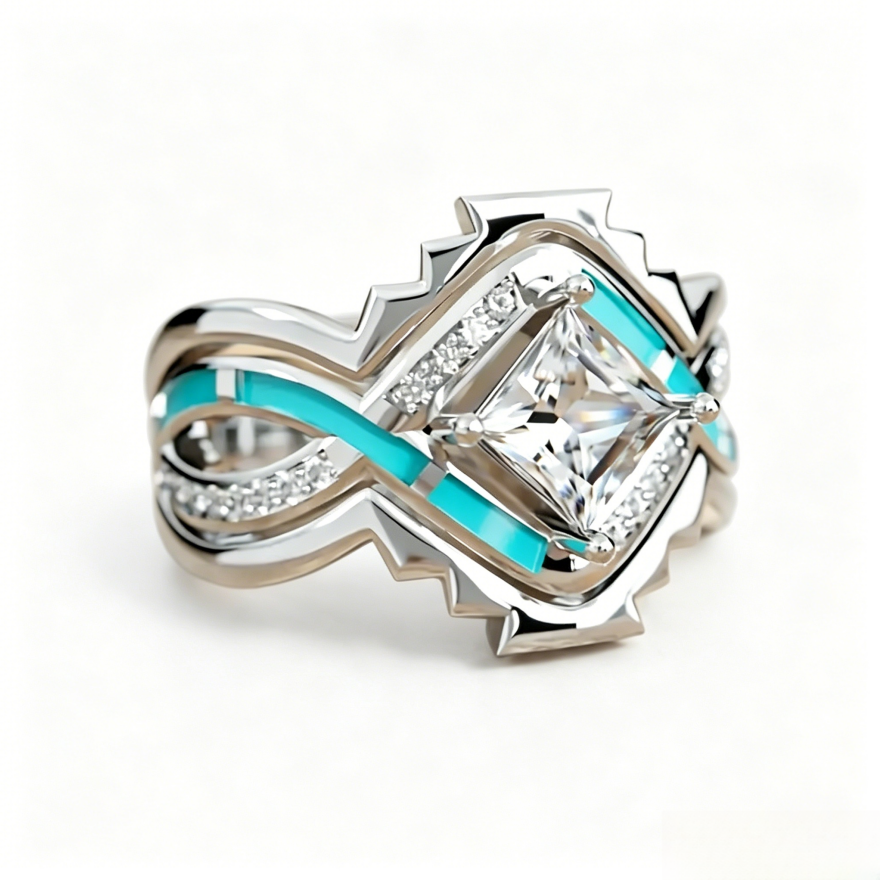 Native American Style Turquoise Inlay Diamond Stackable Ring Set, Square Gem Luxury Engagement Stacking Band