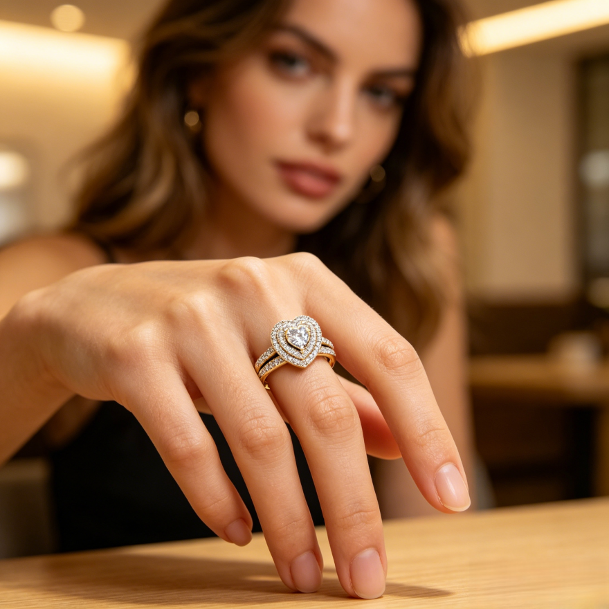 Double Heart Cluster Diamond Ring Two-Piece Set, European Luxury Engagement Wedding Ring Set Full Pave Heart Band for Women