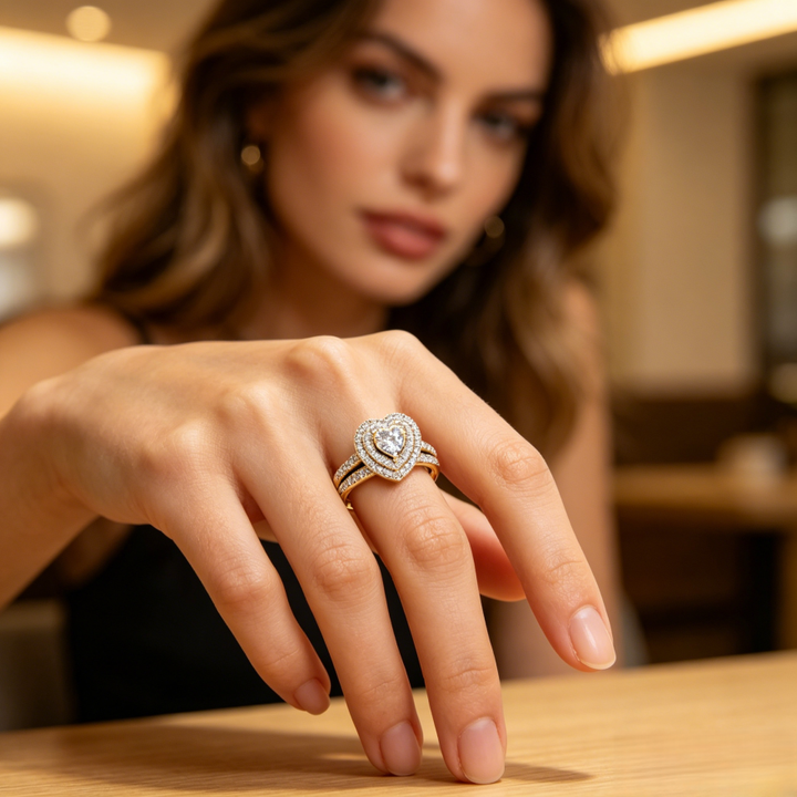 Double Heart Cluster Diamond Ring Two-Piece Set, European Luxury Engagement Wedding Ring Set Full Pave Heart Band for Women