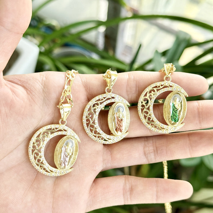 Gold Figaro Chain Necklace With Crescent‑Shaped Saint Enamel Pendant, Multi‑Color Option