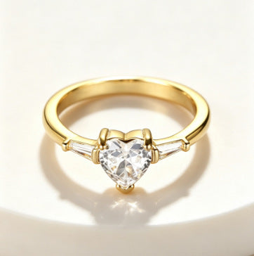 Heart Stone Baguette Diamond S925 Sterling Silver Ring, Luxury Heart Diamond Ring for Women