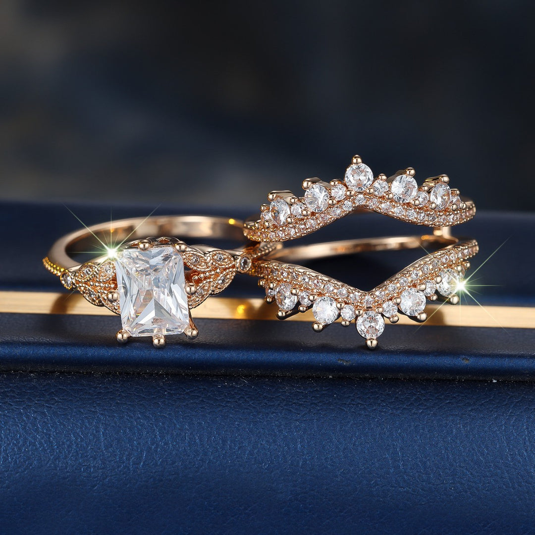 Rose‑Gold Square‑Cut Stackable Engagement Ring Set