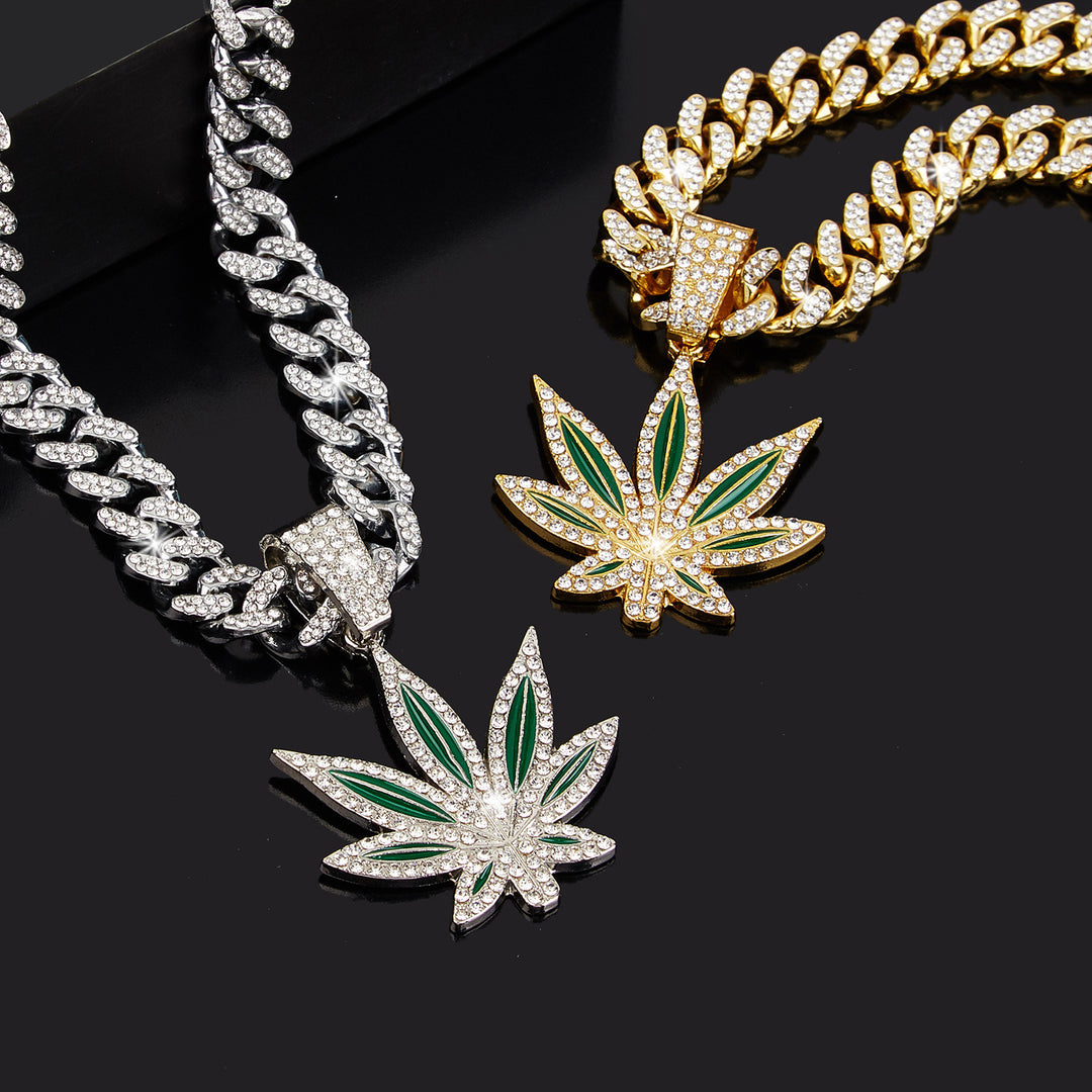 Color Enamel Maple Leaf Iced Out Cuban Necklace, Hip Hop Chunky Diamond Chain Trendy Pendant Necklace for Men