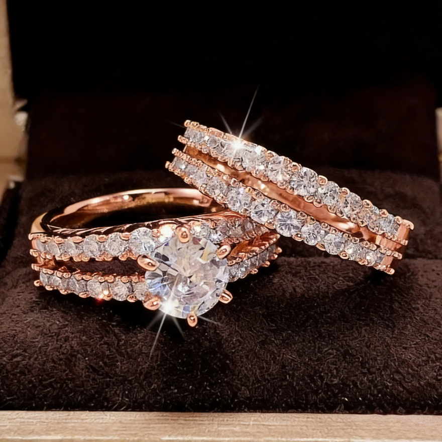 3-Row Pavé Center Stone Engagement Ring Set (Luxury Stackable Proposal Band 3-Piece)