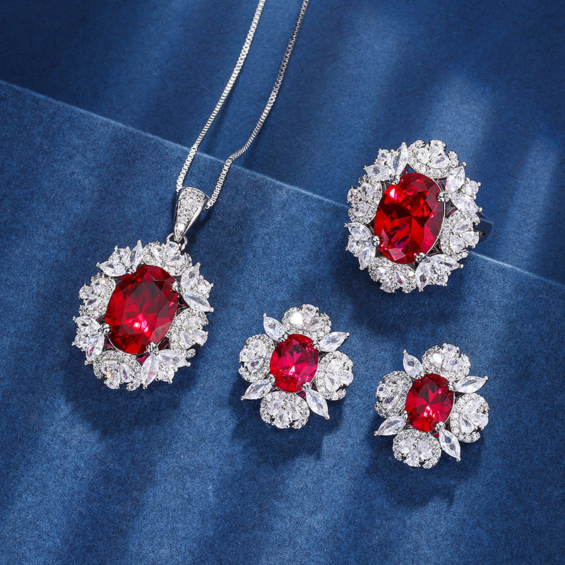 Luxury Ruby Jewelry Set with Halo (Necklace, Ring, Earrings)
