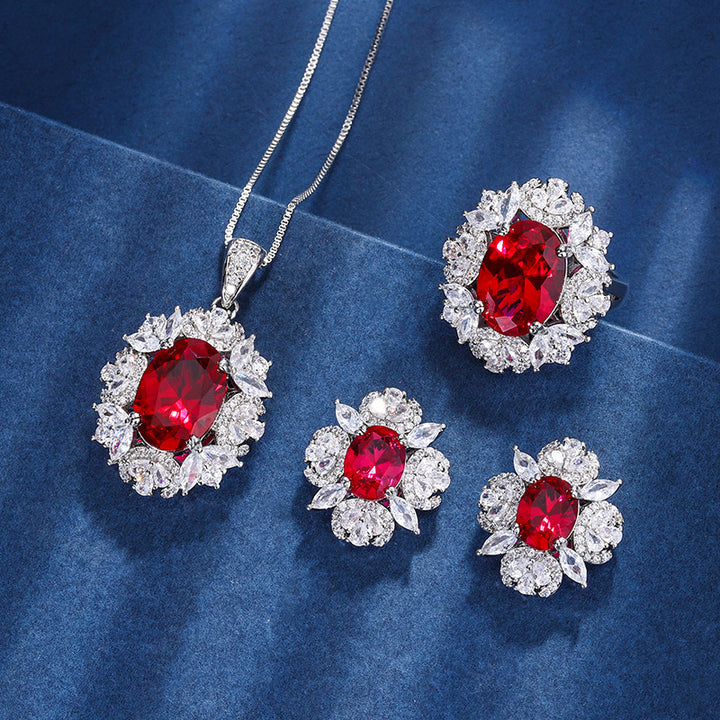 Luxury Ruby Jewelry Set with Halo (Necklace, Ring, Earrings)