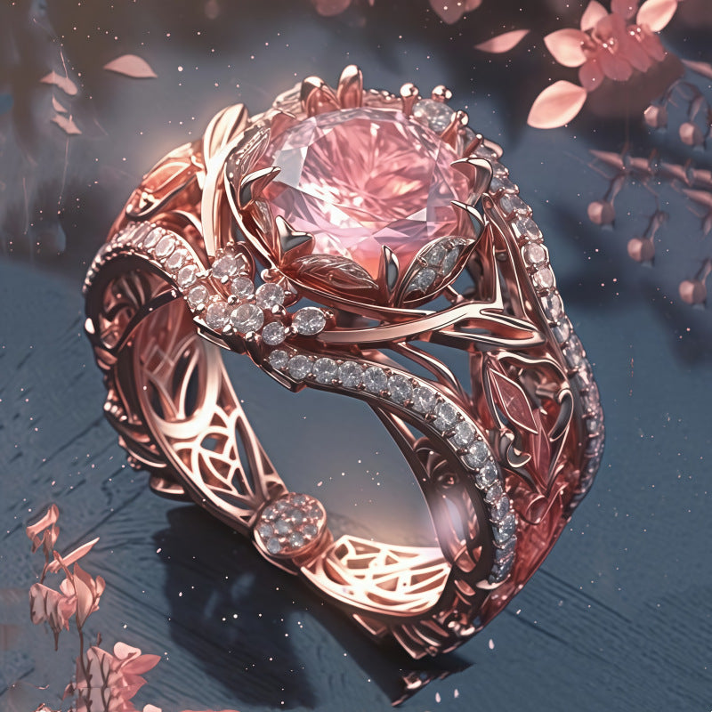 Rose Gold Lotus Pink Diamond Hollow Ring, S925 Silver Vintage Floral Luxury Women Ring
