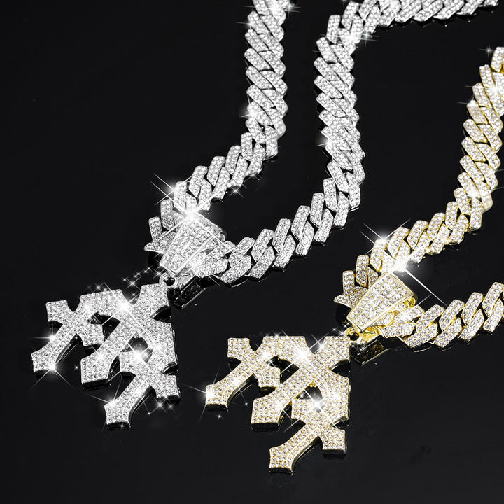 Iced Out Triple Cross Pendant Cuban Link Necklace, Hip Hop Heavy Diamond Chunky Chain Unisex Long Statement Necklace
