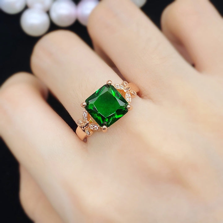 Square Green Main‑Diamond Butterfly Accent Rose‑Gold Ring