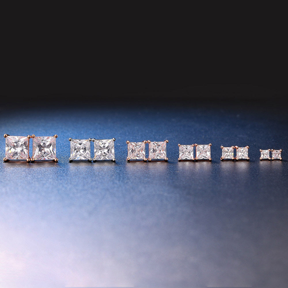 Princess Cut Diamond Multi-Size Stud Earring Set (Light Luxury Versatile Basic Earrings)