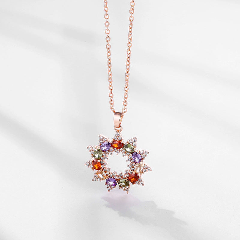 Multi-Color Gem Wreath Snowflake Rose Gold Pendant Necklace