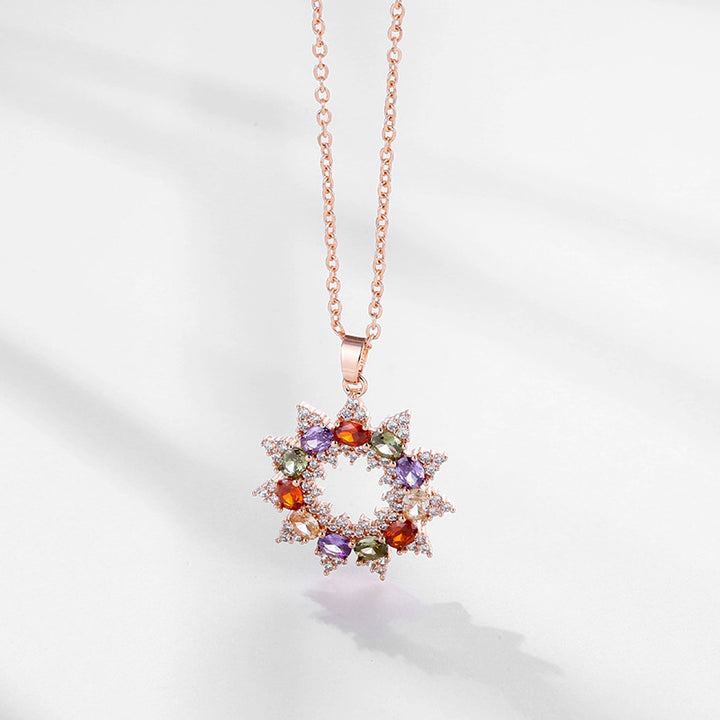 Multi-Color Gem Wreath Snowflake Rose Gold Pendant Necklace