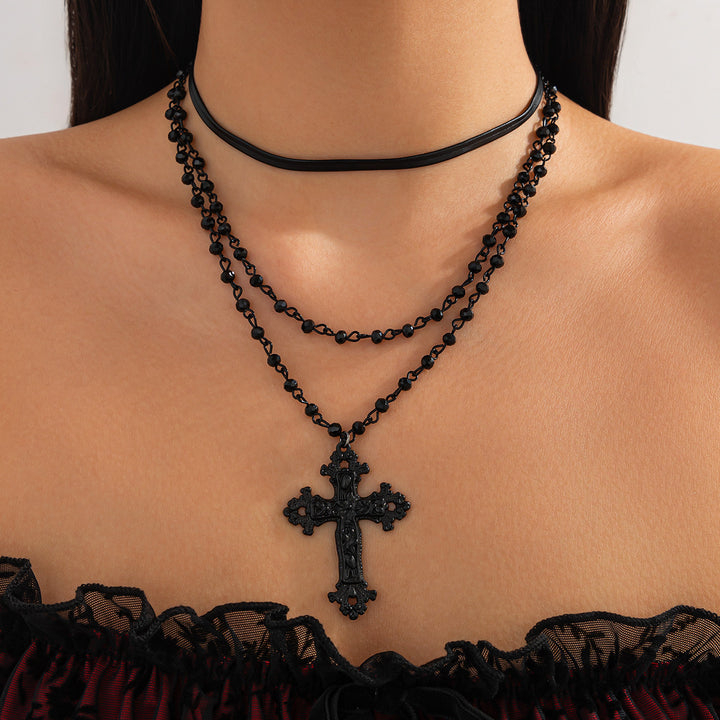 Multi-Layer Black Beaded Cross Pendant Necklace, Dark Style 4-Row Stack Cross Choker, Gothic Punk Collarbone Jewelry