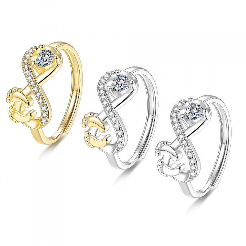 S925 Silver Heart Diamond Baby Footprint Open Ring (Luxury Memorial Band)
