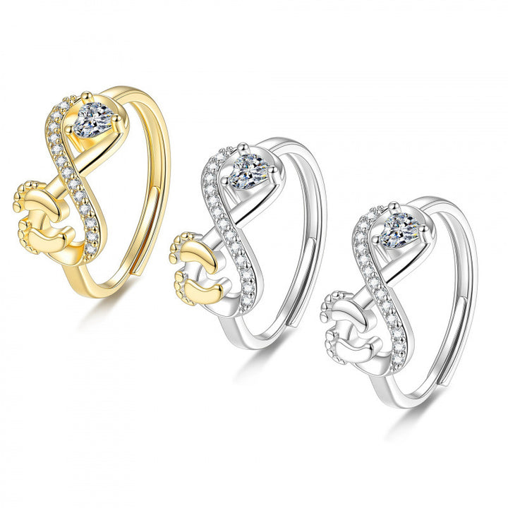 S925 Silver Heart Diamond Baby Footprint Open Ring (Luxury Memorial Band)