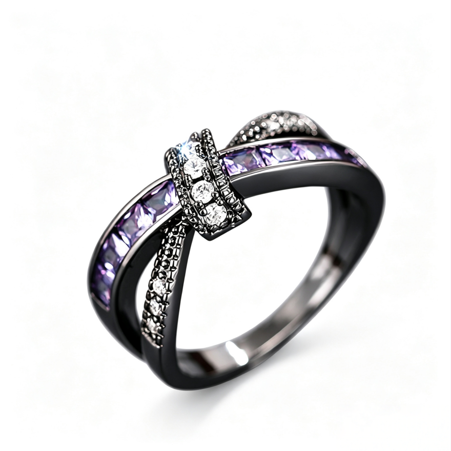 Twisted Cross Purple Crystal Black Gold Ring, Vintage Gunmetal Intertwined Ribbon Band Women Dark Luxury Jewelry
