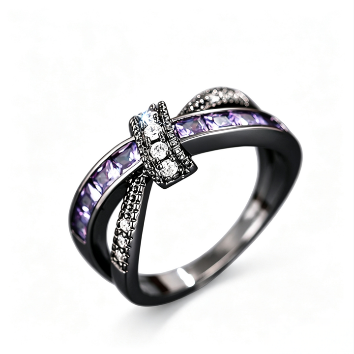 Twisted Cross Purple Crystal Black Gold Ring, Vintage Gunmetal Intertwined Ribbon Band Women Dark Luxury Jewelry