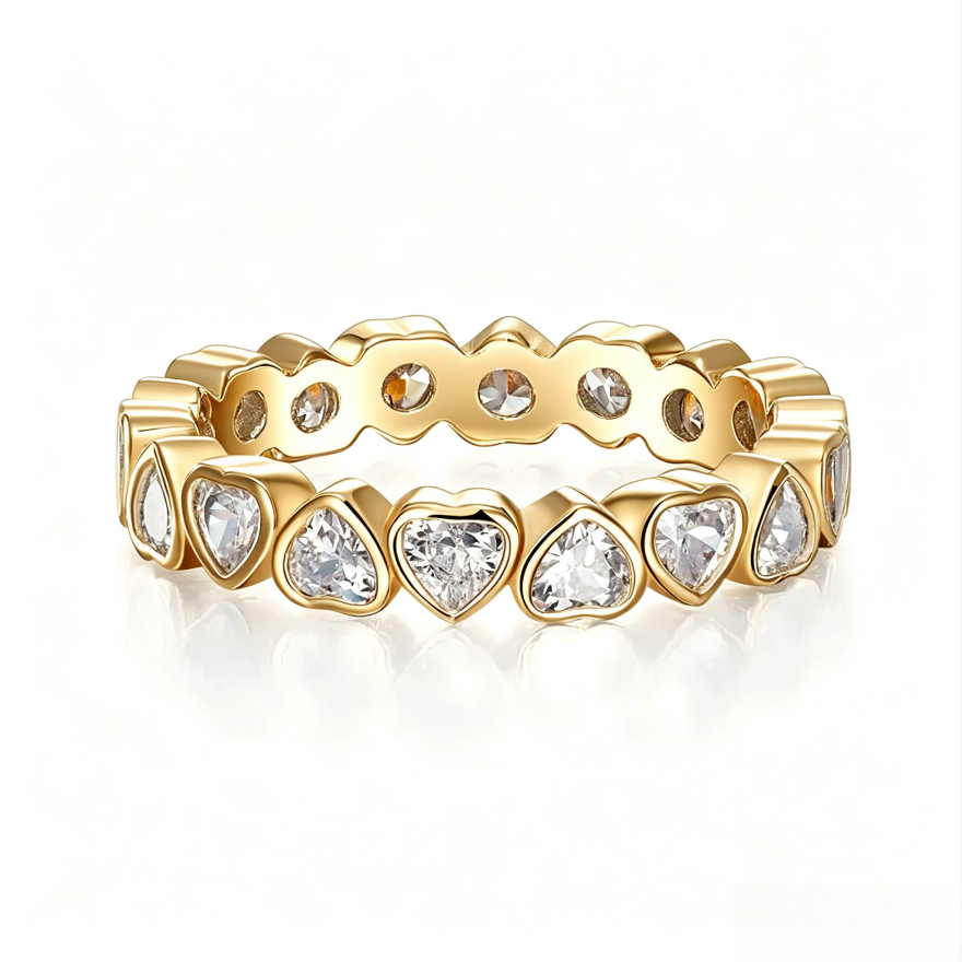 Full Eternity Heart Bezel Set Ring, Continuous Heart Shape All Around Diamond Band Gold Silver Romantic Stacking Jewelry For Women