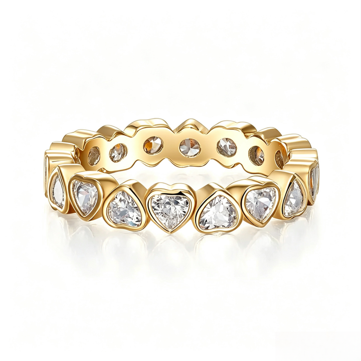 Full Eternity Heart Bezel Set Ring, Continuous Heart Shape All Around Diamond Band Gold Silver Romantic Stacking Jewelry For Women