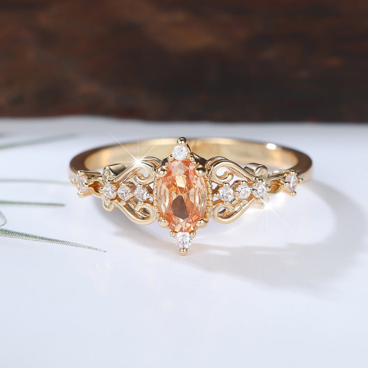 Vintage Openwork Champagne Oval Gem Ring, European Court Style Paved Crystal Women Band