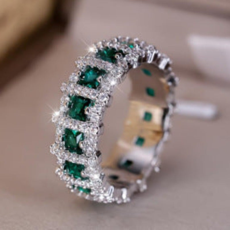 Square Gemstone Double Row Full Paved Eternity Band Ring, Emerald & Amethyst Luxury Women Formal Closed Statement Ring