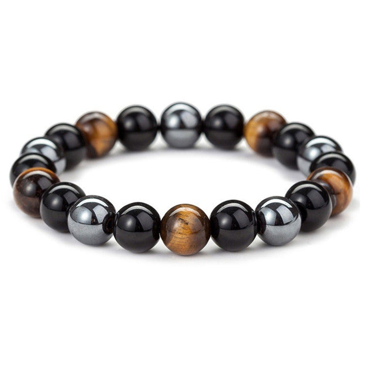 Obsidian Tiger's Eye Hematite Mixed Bead Bracelet, Men Multi‑Gemstone Single Strand Round Bead Bracelet, Unisex Vintage Jewelry