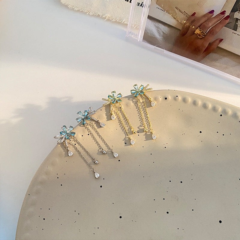 Light Blue Crystal Flower Tassel Stud Earrings, Fresh Blue Diamond Floral Long Chain Earrings, Gold & Silver Two Tones Available