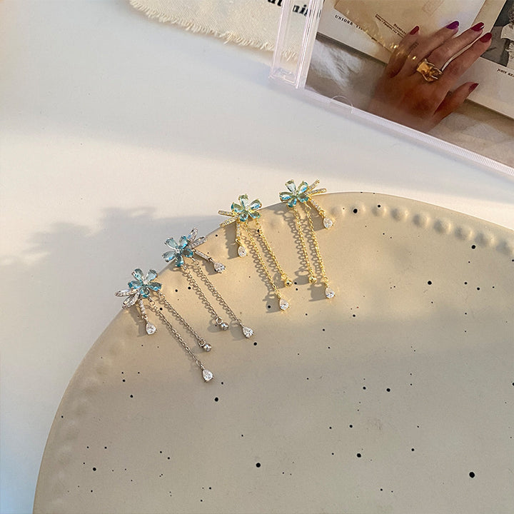 Light Blue Crystal Flower Tassel Stud Earrings, Fresh Blue Diamond Floral Long Chain Earrings, Gold & Silver Two Tones Available