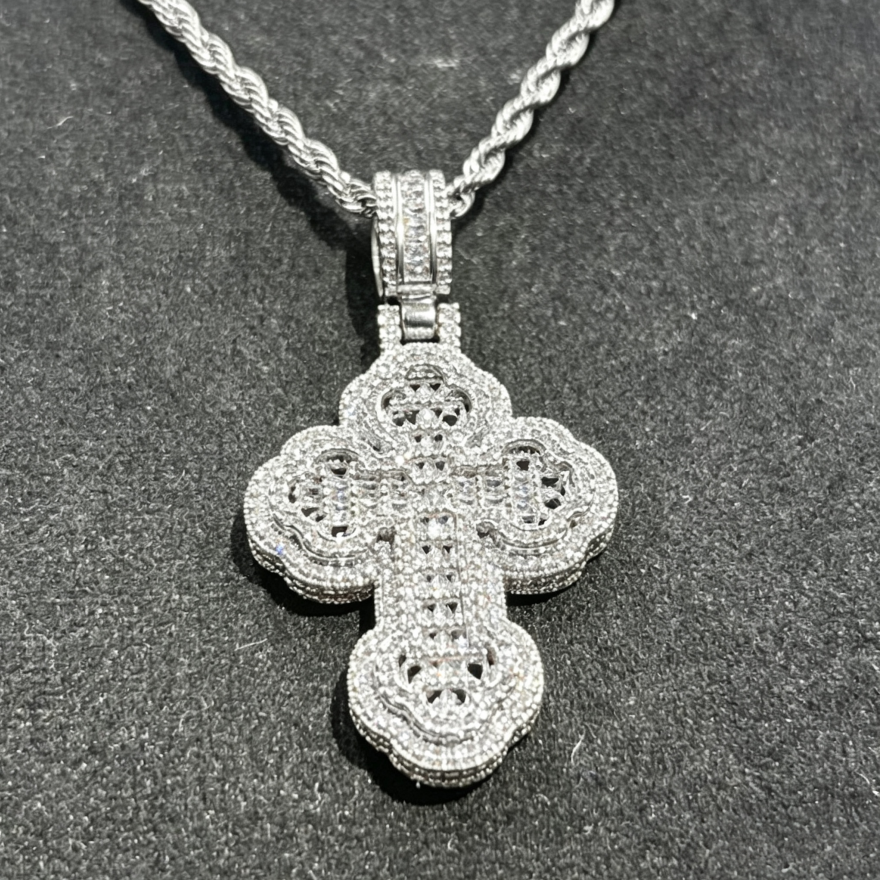 Vintage Floral Border Full Diamond Cross Pendant Necklace, S925 Silver Hip Hop Iced Out Twist Chain Jewelry