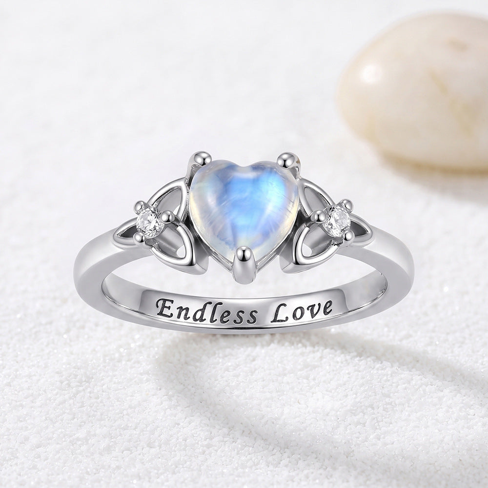 S925 Silver Heart‑Shaped Moonstone Engraved Ring, Celtic Knot Romantic Statement Ring for Women
