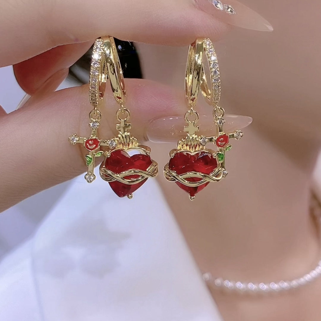 Red Heart Cross Diamond Hoop Earrings, Vintage Red Heart Long Dangle Earrings, Gold Luxury Earrings