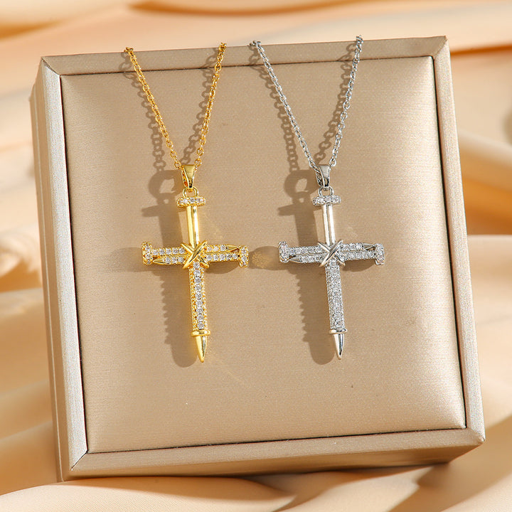 Nail‑Shaped Full‑Paved Diamond Cross Necklace, S925 Silver Two‑Tone Faith Pendant Necklace